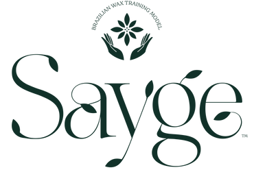 Dark green Sayge logo with hands holding a flower above