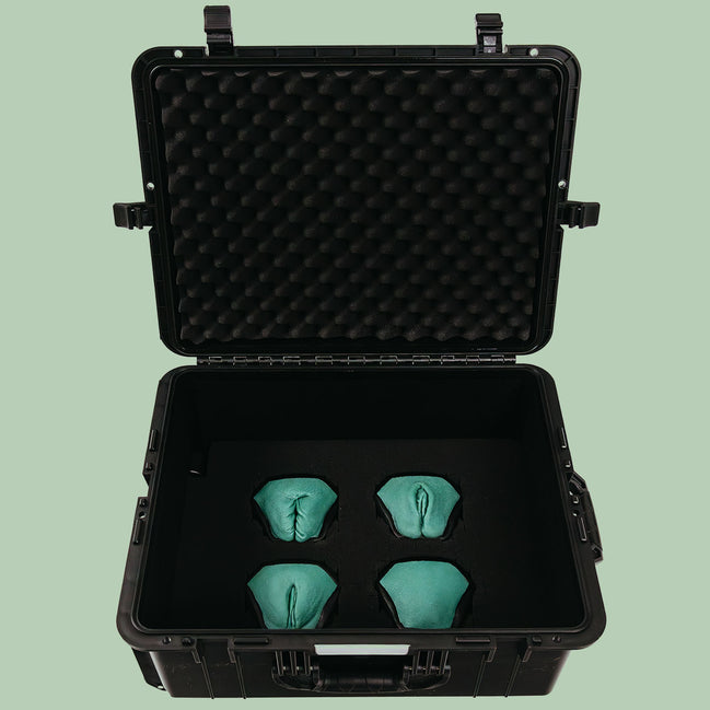 Sayge's black protective travel case with 4 anatomy keys inside