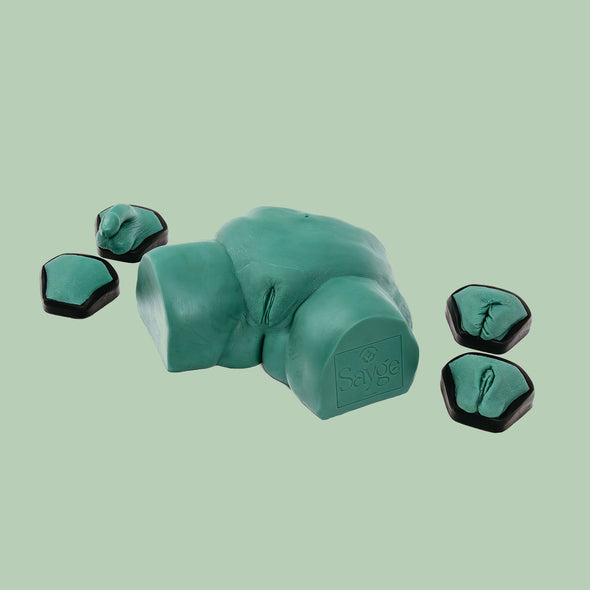 Sayge surrounded by their 4 keys on a light green backdrop